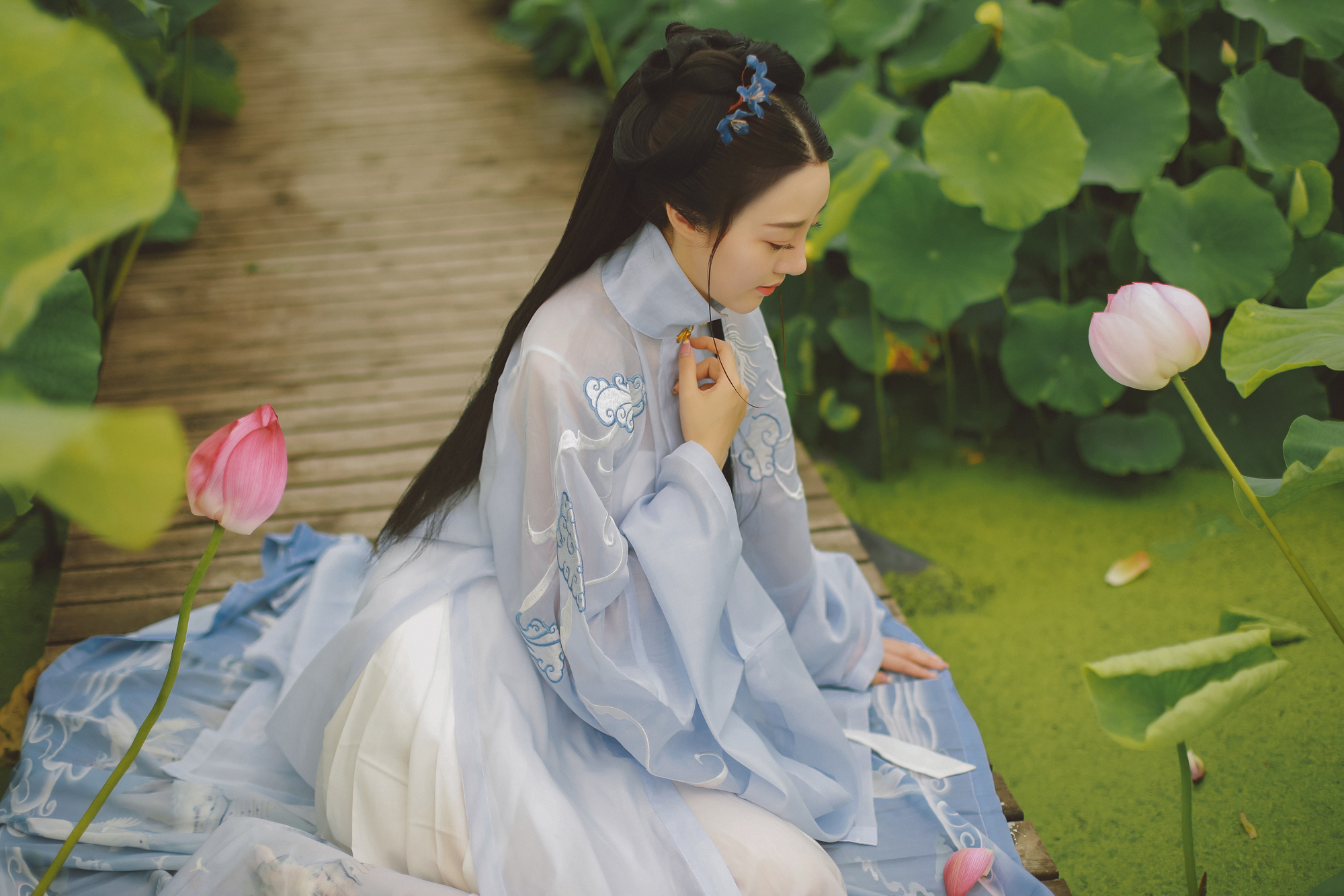 夏日荷塘美女淡色古装摄影图